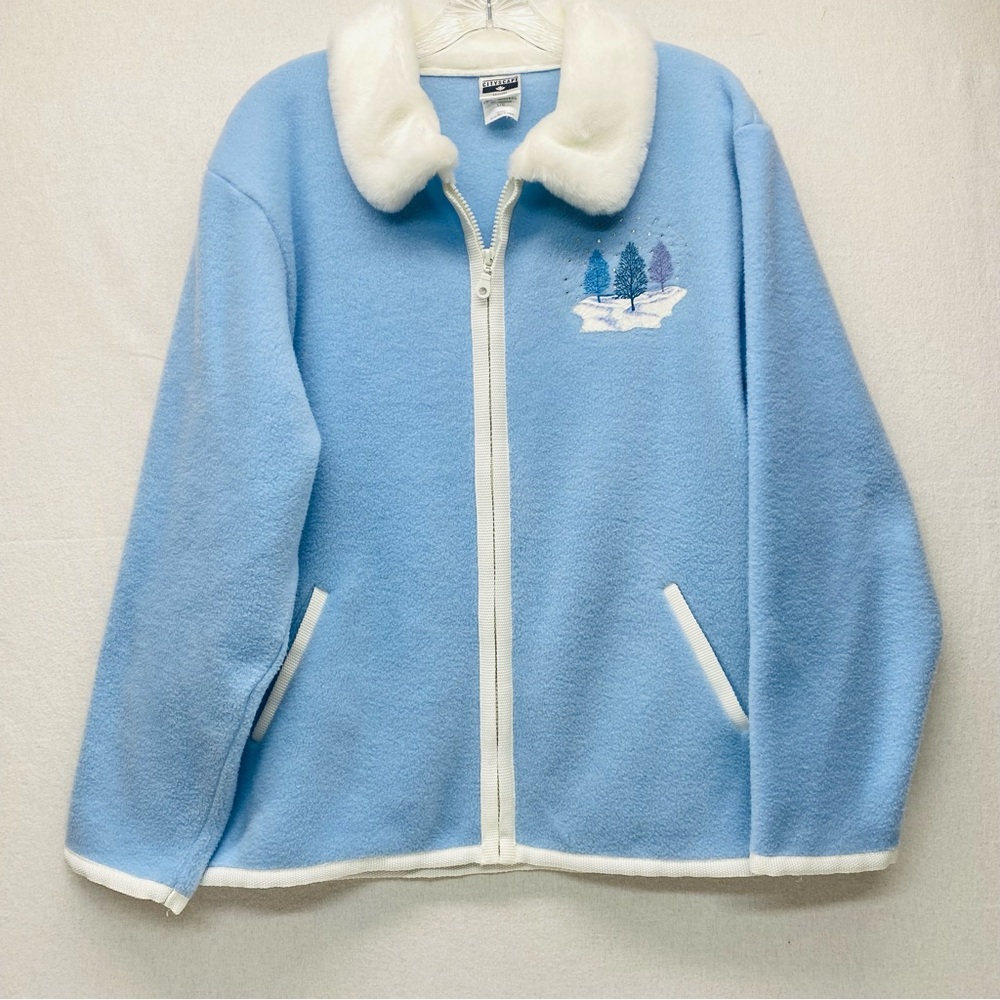 Cityscape L Zippered Fleece Jacket Blue White Faux Fur Collar white Trim Pockets